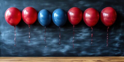 Naklejka premium A row of red and blue balloons with festive ribbons against a dark slate background with a rustic wooden table in the foreground.