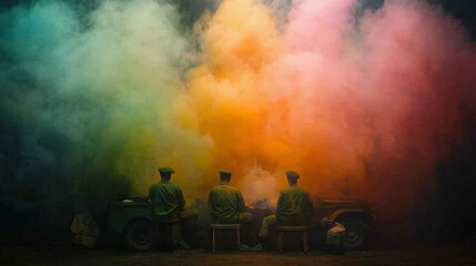 
During the Vietnam War, soldiers in green GI uniforms relax in a jungle clearing, smoking cannabis in a makeshift camp. The scene blends war's tension with counter-culture, as psychedelic smoke swirl