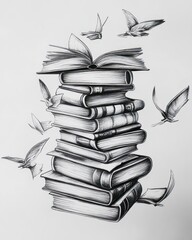 A stack of books with an open book on top, surrounded by birds, drawn in black and white.