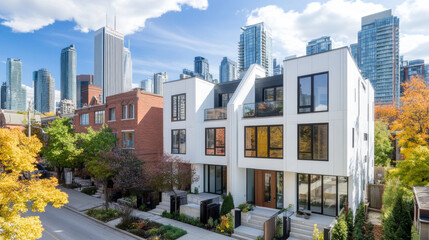 A sleek white contemporary townhouse with geometric design stands prominently against backdrop of modern skyscrapers. vibrant autumn foliage adds warm touch to urban landscape