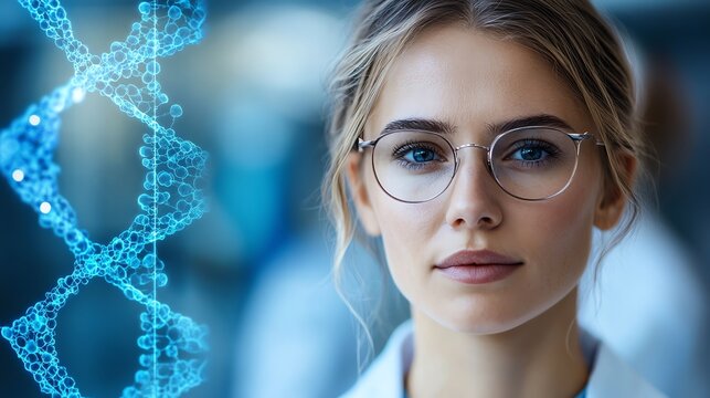 A female scientist with a focused expression, a DNA strand behind her, representing genetics and scientific discovery.