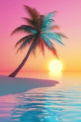 Obraz premium Palm tree beach flat design front view tropical theme 3D render Triadic Color Scheme