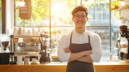 A young Asian man with beaming smile stands proudly in bright cafe, showcasing his enthusiasm for his work. warm sunlight enhances inviting atmosphere of coffee shop