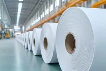 The image shows a series of large rolls of white paper lined up in a spacious industrial facility.
