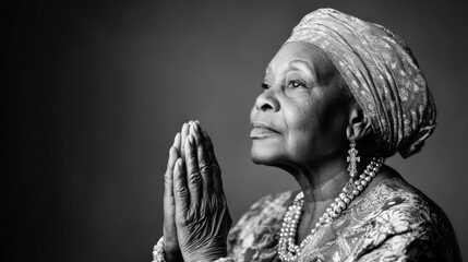 A serene black and white portrait of an elderly African American woman, showcasing her grace and wisdom as she prays with hands clasped. image captures moment of reflection and spirituality