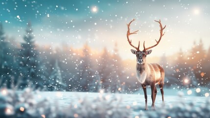 A majestic deer stands gracefully in a snowy landscape, surrounded by evergreen trees, as soft snowflakes gently fall against a serene twilight backdrop.