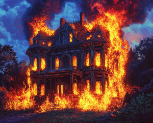 Victorian Mansion Engulfed in Flames at Night