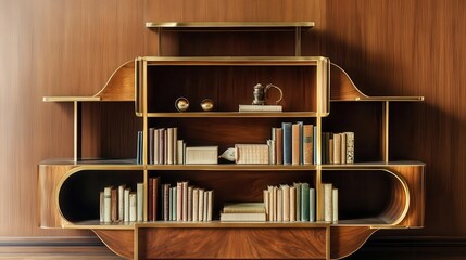 Polished wood art deco bookshelf with symmetrical patterns and brass inlays, holding a collection of vintage books and ornaments Regal, minimalist design
