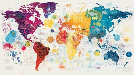 Global Language Families Map displaying the worldwide distribution of major language families, vibrant colors for each family, icons indicating linguistic diversity, annotations on language evolution.