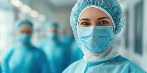 A healthcare worker in blue scrubs and a mask stands confidently in a hospital corridor, symbolizing professionalism and care in medicine.