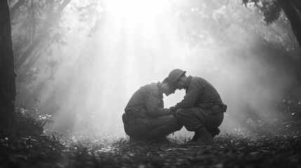 Obraz premium an intimate scene of soldiers helping each other in the midst of conflict. One soldier tends to the wounds of another under the cover of the jungle canopy, their faces etched with fatigue but filled w