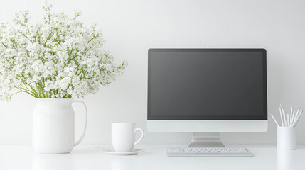 A minimalist workspace featuring a desktop computer, white mug, ceramic vase with white flowers, keyboard, and a pencil holder against a neutral background.