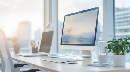 Fototapeta premium Modern office workspace featuring a desktop computer, laptop, plant, and stationery, with a large window offering a bright cityscape view in the background.