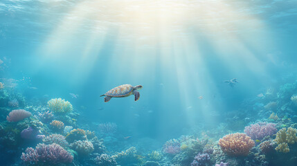 Fototapeta premium A sea turtle gracefully swims through sunlit, crystal-clear waters above a vibrant coral reef teeming with colorful marine life.