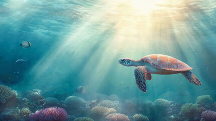 Fototapeta premium A sea turtle gracefully swims through sunlit waters, surrounded by vibrant coral and marine life in an underwater paradise.