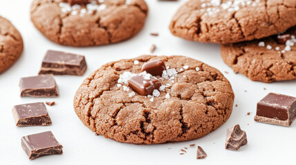 Freshly baked chocolate cookies sprinkled with sea salt, surrounded by chunks of rich chocolate on a white background.