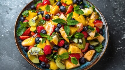 Vibrant Fruit Salad with a Mix of Tropical Fruits, Fresh Healthy Ingredients, Colorful Tropical Fruit Medley, Refreshing Summer Fruit Bowl, Exotic Fruits Salad, Fresh Fruit Mix for Health, Bright Trop