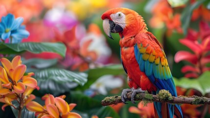 Vibrant Parrot Perched on Lush Tropical Branch, Colorful Tropical Bird, Exotic Jungle Wildlife, Bright Feathers, Tropical Rainforest Habitat, Nature Photography, Wildlife Close-Up in Natural Environme