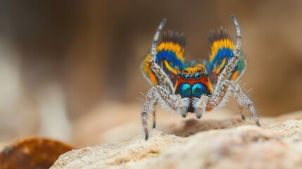 A colorful peacock spider performing its unique mating dance, displaying its vibrant patterns in the wild.
