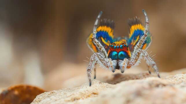 A colorful peacock spider performing its unique mating dance, displaying its vibrant patterns in the wild. - Powered by Adobe