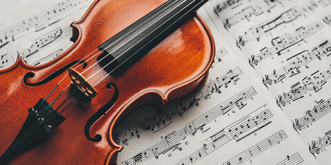 Fototapeta premium A beautifully crafted violin rests on an open sheet of music, generative AI
