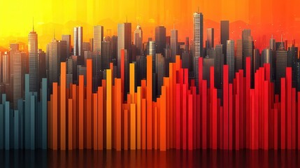 Obraz premium A city skyline with abstract graphic bars in a gradient of red, orange, and blue, representing growth and progress in a modern urban landscape.