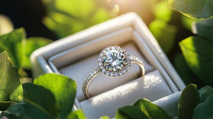 Stunning diamond ring in a white box with natural light filtering through greenery, evoking romance.