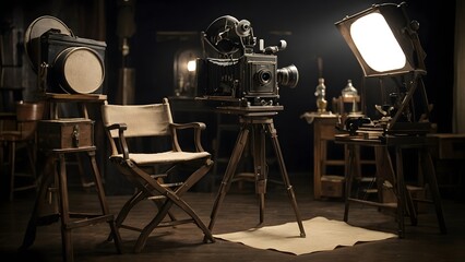 Historic Film Equipment Setup in a Cozy Indoor Studio During the Golden Hour