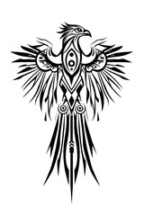 Obraz premium Black and white stylized illustration of a mythical bird with its wings spread.