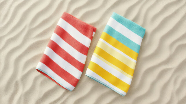Two striped beach towels, one red and white, the other yellow and white, laid out on sandy beach dunes. - Powered by Adobe