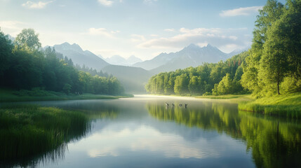 A serene lake nestled between lush forests and distant mountains under a soft, morning light, reflecting a tranquil and picturesque natural landscape.