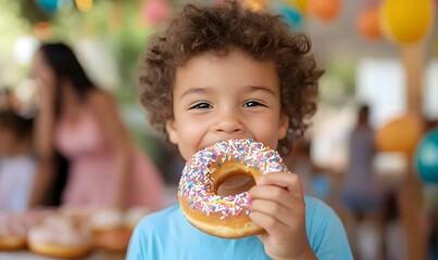 A child happily eating donuts at a birthday party, Generative AI