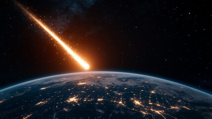 Fototapeta premium Large asteroid is approaching earth against background of endless space. Blazing asteroid hurtling towards Earth with glowing fire trail, cosmic view illuminated cities visible on planet's surface