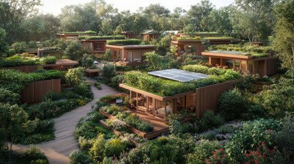 Obraz premium A serene eco-village with modern wooden houses featuring lush green roofs and seamless integration with the surrounding natural landscape.