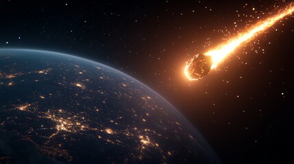 Large asteroid is approaching earth against background of endless space. Blazing asteroid hurtling towards Earth with glowing fire trail, cosmic view illuminated cities visible on planet's surface