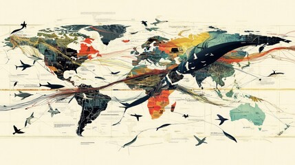 Global Wildlife Migration Map, an intricate illustration displaying migratory routes of diverse animal species, highlighting conservation areas and challenges with vibrant colors and arrows