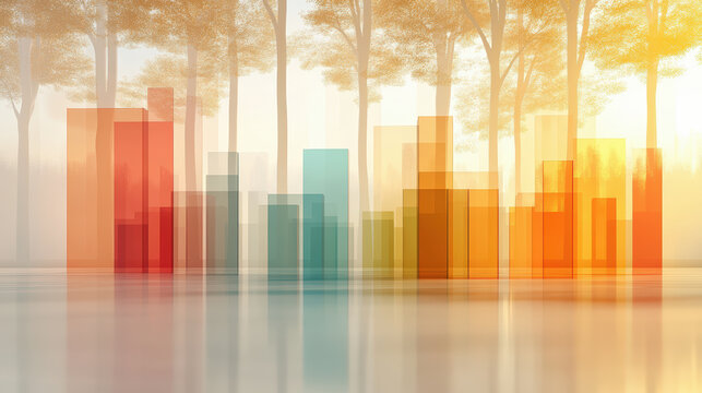 Abstract representation of bar graphs with translucent, colorful columns in a serene, forest-like background, blending data visualization with nature-inspired aesthetics.