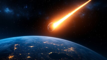 Obraz premium Large asteroid is approaching earth against background of endless space. Blazing asteroid hurtling towards Earth with glowing fire trail, cosmic view illuminated cities visible on planet's surface