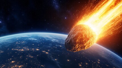 Fototapeta premium Large asteroid is approaching earth against background of endless space. Blazing asteroid hurtling towards Earth with glowing fire trail, cosmic view illuminated cities visible on planet's surface