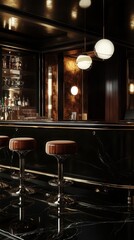 A luxurious art deco bar scene with sleek stools, dark marble counters, and ambient lighting, evoking the jazzfilled speakeasies of the 1930s