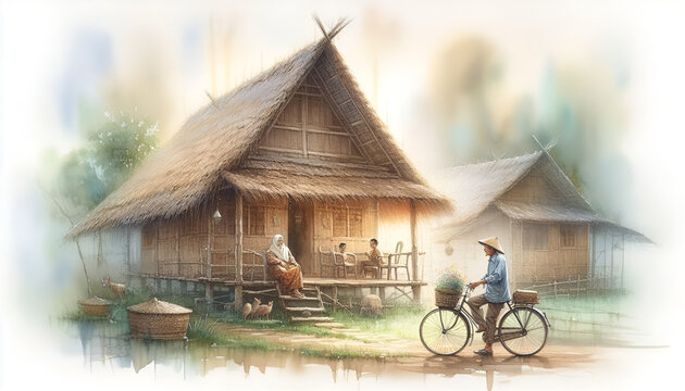 bicycle in the village, waterpainting style