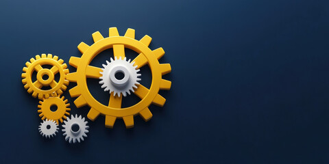 Yellow and white interlocking gears against a dark blue background, symbolizing teamwork, collaboration, and mechanical efficiency in a striking graphic design.