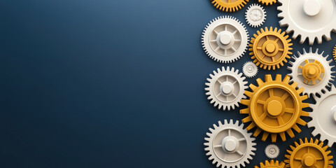 A cluster of white and yellow interlocking gears on the right side against a blue background, symbolizing cooperation, teamwork, and mechanical precision.