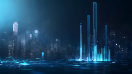 A blurred background with a blue finance graph and investment bar, showcasing growth and success in the market with technology currency reports chart. Business stock world economy AI computer world