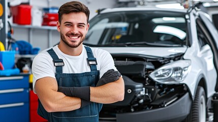 Smiling Mechanic in Auto Repair Garage with Vehicle