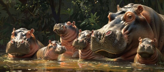 Hippos In The Water And On The Shore Are Having A Rest With A Large Family