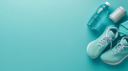 Teal exercise shoes, a water bottle, a fitness towel, and a protein shaker laid out on a matching teal background, ready for a workout.