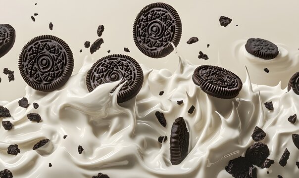 Creamy milk and delicious Oreo cookie chunks moving in smooth motion, Generative AI