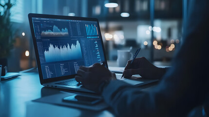 professional business financial advisor discussing investment plans client meeting charts documents laptop modern green office setting analysis trend analyze project report teamwork progress working