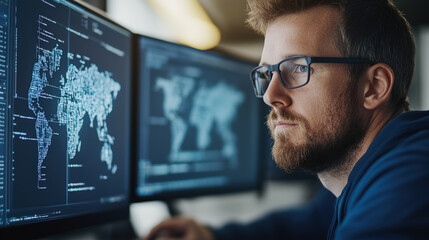 A focused individual with glasses scrutinizes global data and digital maps on computer screens, indicating engagement in data analysis or cybersecurity tasks.
